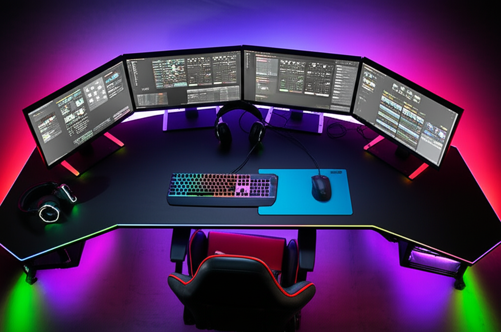 Modern gaming setup with RGB lighting and gaming accessories